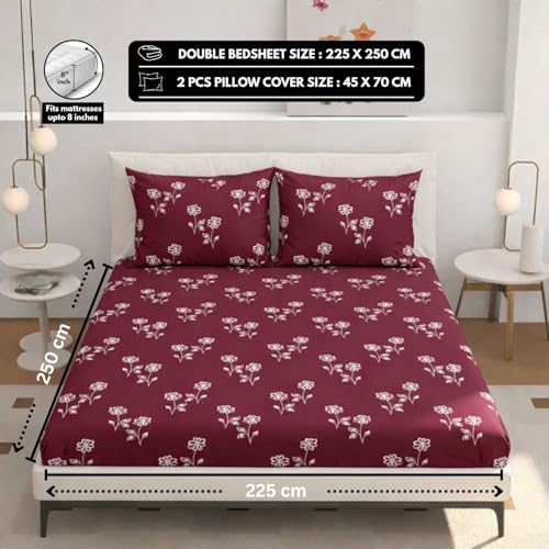 Image of King Size Bedsheet Cotton for Double Bed | Flat - 90x100 Inch, Floral, Soft & Breathable, Fade & Shrink Resistant, 2 Pillow Covers | Ruby Blossom Trail, Wine Maroon