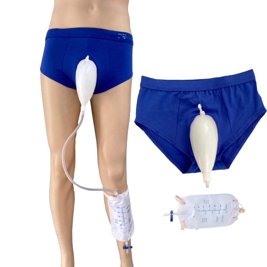Incontinence Silicone Urine Collector Bag Underpants with Catheter Reusable Urinary Receiver Drainage Bag Shorts for Men Elderly (L)