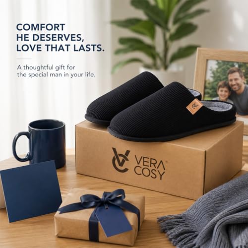 VeraCosy Men's Corduroy Slip-on Slippers Cozy Non-Slip Memory Foam Indoor House Shoes with Coral Fleece Lining Dark Black,13-14 US by VeraCosy - Image 3