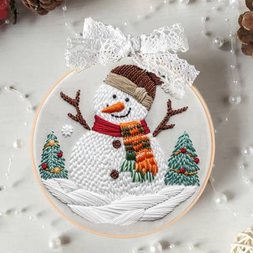 Image of Huacan Embroidery Kits for Adults Beginner DIY Cross Stitch Stamped Christmas Pattern Stitching Sewing Kit 1 Piece 7.8 x 7.8 Inch (Snowman)