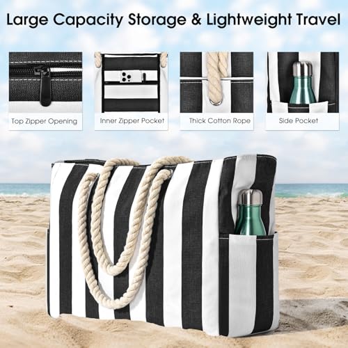 Image of Becokan Women's Pool Swim Bag - Waterproof Sandproof Large Stripe Beach Tote with Zipper
