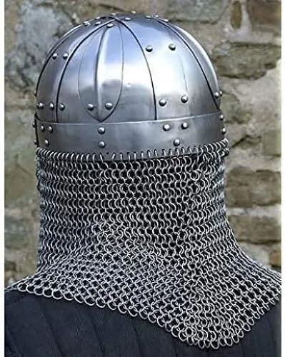 Large Polished Metal Viking Chainmail Aventail Helmet with Aventail, 15 x 12 x 10 inches