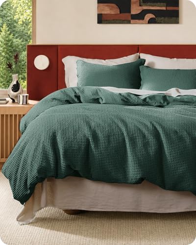 Image of Bedsure Cotton Duvet Cover King - 100% Cotton Waffle Weave Forest Green Duvet Cover King Size, PureWoven Breathable Bedding Set for All Season, 3 Pieces, 104 inchx90 inch