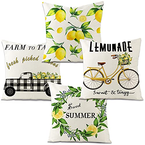 Cuteforest Summer Lemon Pillow Covers 18x18 Inches Set of 4,Lemon Decor Farmhouse Throw Pillow Covers for Outdoor or Home, Lemon Wreath Trucks&Bicycles Outdoor Pillow Covers for Couch