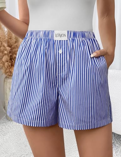 Image of LOMON Boxer Shorts for Women Summer Gingham Pajamas 2026 Lounge Sleep Pj Plaid Shorts Y2K Beach Bottoms with Pockets