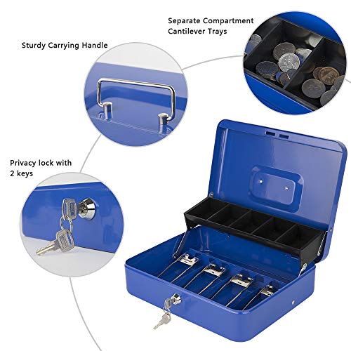 Image of KYODOLED Locking Cash Box with Lock,Money Box with Cash Tray,Lock Safe Box with Key,Money Saving Organizer,11.81Lx 9.45Wx 3.54H Inches,Blue XL Large