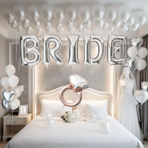 Silver Bridal Shower party decorations with huge 40in silver BRIDE letter Pearl Balloons BRIDE to be Sash Bridal Veil Diamond Ring Heart shape Balloons For Bachelorette party Wedding supplies
