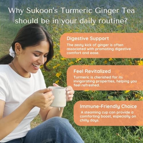 Image of Sukoon, Organic Turmeric Ginger Tea - 100 Teabags (2g Each) - No Caffeine, No Sugar - 100% Natural Turmeric Tea Bags - Te de curcuma - Sourced From Himalayas