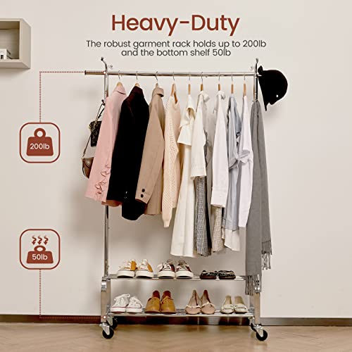 House Again Adjustable 3-In-1 Heavy Duty Clothing Rack With Shelves, 66" L, Clothes Rack For Hanging Clothes With Lockable Wheels, Rolling Garment Rack Commercial Grade, Freestanding, Chrome #TOP4