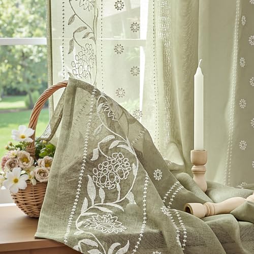Image of jinchan Winslow Sheer Curtains 63 Inch Length for Bedroom Bordered Floral Pattern Decorations Short Curtains for Windows Light Filtering Window Treatments, 50 inch x 63 inch, Ivory on Sage, 2 Panels