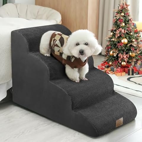 Dog Stair for High Bed, 20 Inch Height Pet Steps Stairs Steps, Foam Dog Step Ramp for Couch Sofa Bed, Dog Slope Foam Ladder for Pets with Old/Injured Legged, Free Lint Roller Set, Black Cover