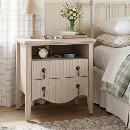 Image of Set of 2 Nightstands with Charging Station&2 Fluted Drawers,Nature Oak | Vintage Bedside Table, 2 Fluted Drawers and Open Shelf, Rustic End Table, Power Outlet and USB Ports, For Bedroom