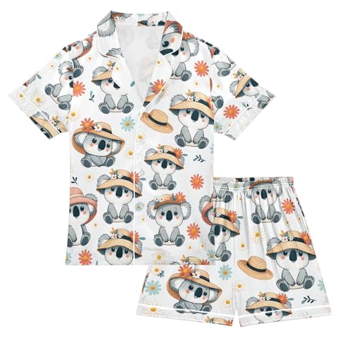 ALAZA Cute Koala Wearing Flower Floral Pajamas Satin Pajama Set Short Sleeve Button Down Sleepwear