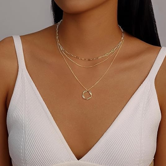 Evabelle Gold Layered Necklace for Women Trendy Jewelry 14K Real Gold Plated Snake Twisted Rope and Chain Stackable Necklaces Dainty Choker Necklaces Circle Pendant Jewelry Set - Image 3