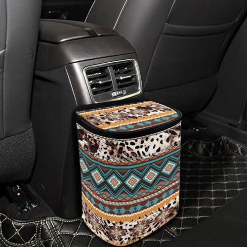 Image of Southwestern Tribal Aztec Cowhide Hanging Trash Can for Car,Leak Proof Multipurpose Trash Bin Can with Lid,Universal Fit Most Vehicle