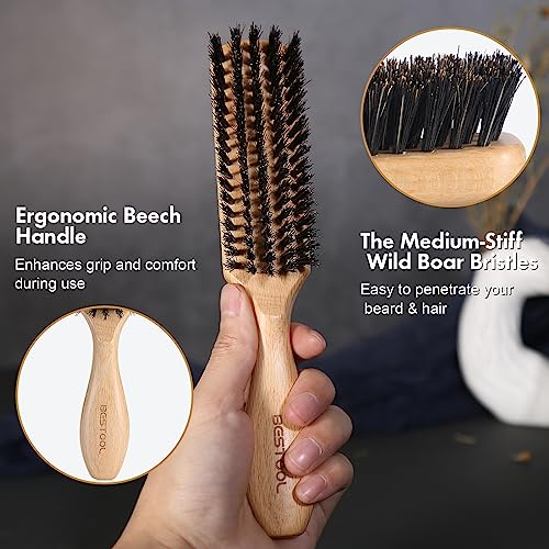BESTOOL Haarbürste, Wildschweinborsten Bürste für Damen Herren Kinder zum Entwirren & Stylen, Naturborsten Bürste für dünnes, feines Haare, Bartbürste, Griff aus schwarzem Walnussholz (Natürlich)
