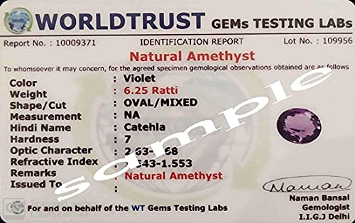 Ametyst kamień szlachetny oryginalny certyfikat laboratoryjny (2,25 ratti 1,60 karata) ametyst/naturalny Katela i kamień szlachetny z certyfikatem Wtgtl-B09VDVN2-DNM