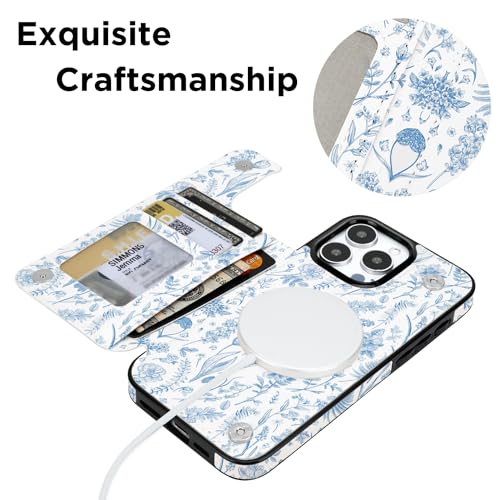 Image of uCOLOR for iPhone 13 Pro Max Wallet Case Magsafe with Card Holder Slot【Compatible with MagSafe】 Folio Flip PU Leather Double Magnetic RFID Design 6.7 inch (Blue Toile Flowers)