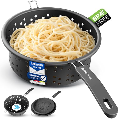 Netrox – Passoire de cuisine pliable en silicone Adapté pour aliments, lavable au lave-vaisselle et sans BPA Passoire pour pâtes avec poignée pour casserole