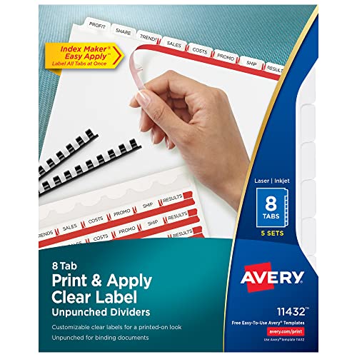 Avery 8 Tab Unpunched Dividers for Use with Any Binding System, Easy Print  & Apply Clear Label Strip, Index Maker Customizable White Tabs, 5 Sets ...