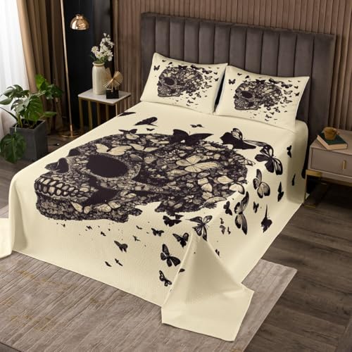 Castle Fairy Skeleton Butterfly Coverlet Set Queen Size Bohemia Moth Animal Bedspread Fashion Room Decor Horror Style Sugar Skull Quilted for Teens Gift Bedding with 2 Pillowcases