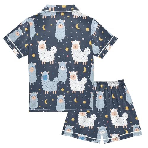 ALAZA Cute Alpaca Moon Star Pajamas Satin Pajama Set Short Sleeve Button Down Sleepwear2