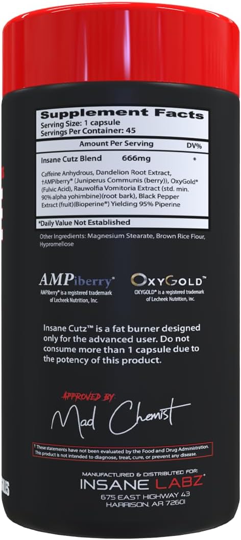 Insane Labz Insane Cutz Intense Fat Burner for Men and Women, Thermogenic Weight Loss Supplement with Dandelion Root Extract Fueled by AMPiberry, Appetite Suppressant - 45 Daily Srvgs (45 Capsules)