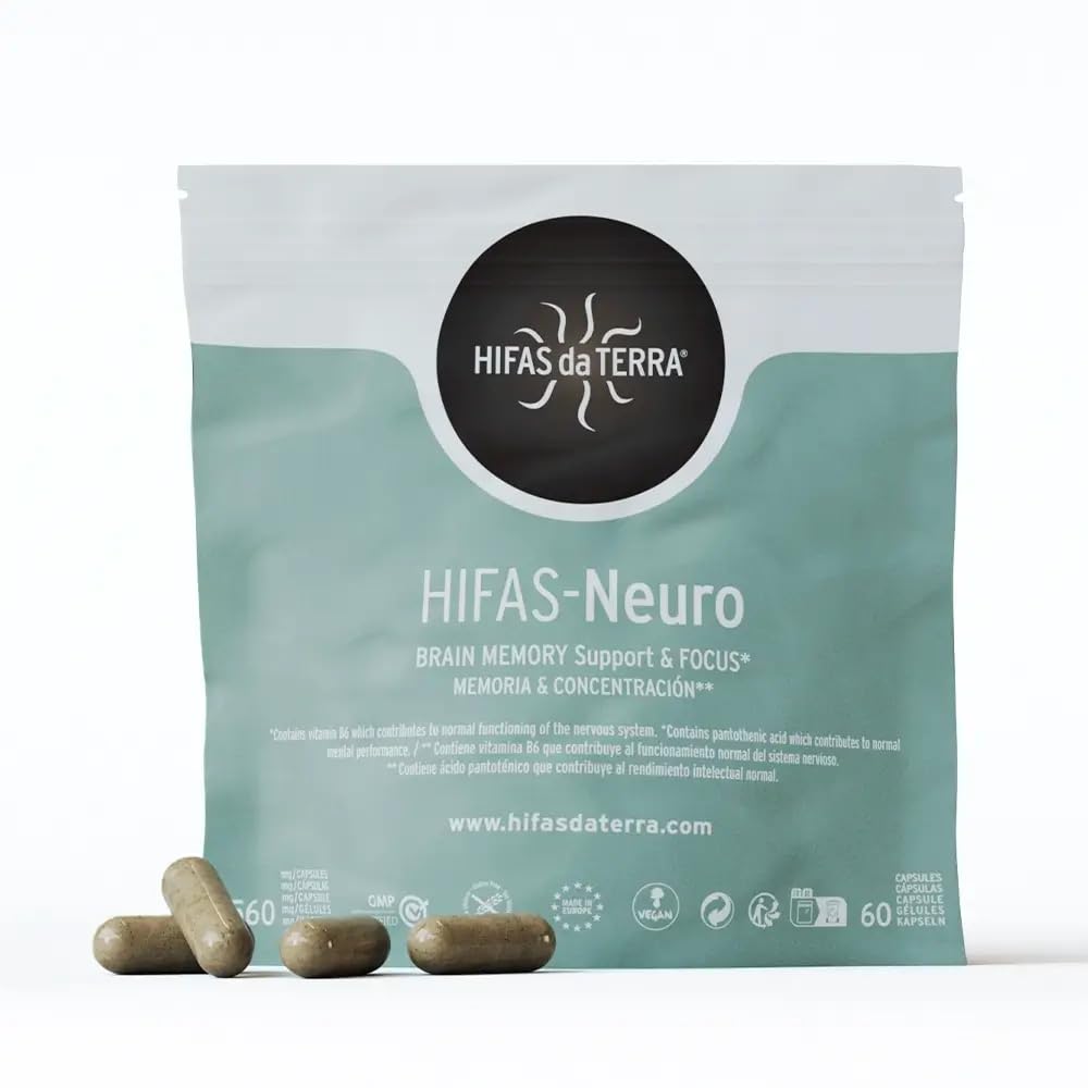 HIFAS DA TERRA - HIFAS-Neuro Suplemento para Memoria y Concentración con Extractos de Hongos Puros de Melena de León y Chaga, Vitaminas B6 y B12 - Apoya Cognición y Concentración - Refill 60 Cápsulas