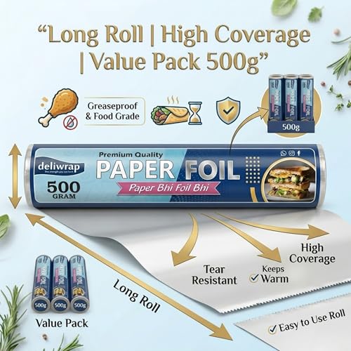 Image of 2-in-1 Paper & Silver Aluminium Foil Roll (500g Net) | Greaseproof & Heat Retention | Keeps Food Fresh | Perfect for Wrapping, Packing, Storing & Serving