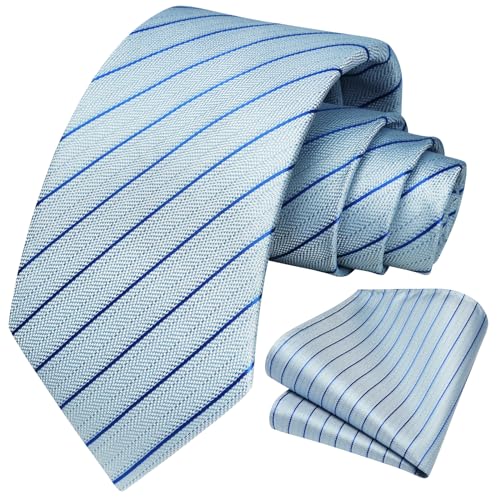 Image of HISDERN Stripe Tie Mens Ties with Pocket Square Set Classic 3.4'' Silk Formal Necktie Handkerchief for Business Wedding