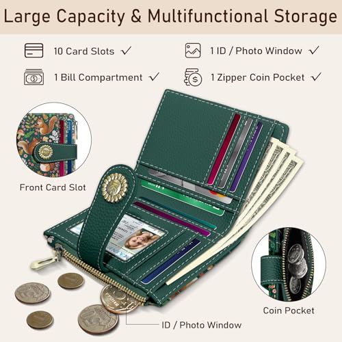 Image of Kelvoris Cute Squirrels Small Rfid Women Wallet Bifold Zipper Coin Pocket | PU Leather Compact Cash Credit Card Holder, Travel Purse for Female Ladies Teen Girls, 1 ID Window 10 Card Slots