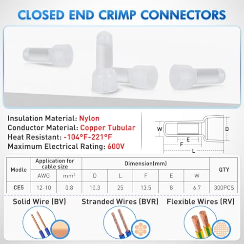Image of Nilight 300PCS CE5 Closed End Crimp Terminal 12-10 Gauge Nylon Insulated Closed End Wire Cap Wire Connectors Crimp Cap Terminals Connectors for Automotive Car Truck Boats Marine Electrical Wiring