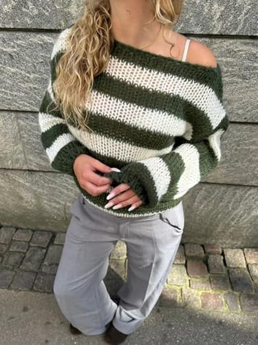 Image of Cioatin Women Long Sleeve Lightweight Striped Colorblock Knit Sweater Pullover Oversized Sheer Off Shoulder Shirt Tops Green