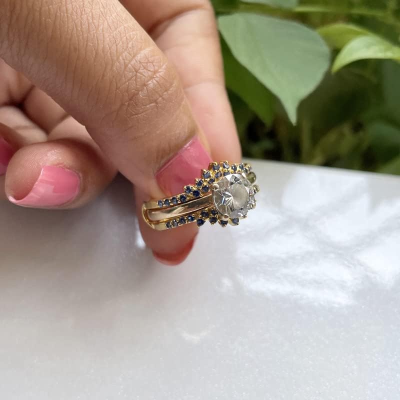 Round Cut Blue Sapphire Matching Enhancer Guard Band for Women, 14K Gold Finish Blue Sapphire Contour Curve Matching Band, September birthstone Ring