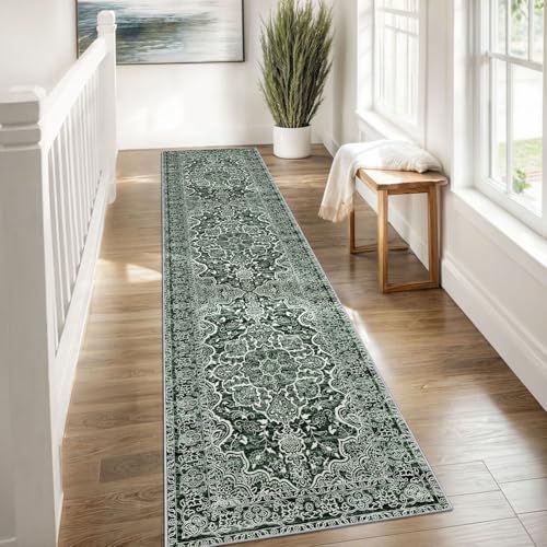 KUTA Vintage Runners for Hallways 2x8 Dark Green, Modern Floral Kitchen Rugs Non-Slip Washable Ultra Soft Printed Retro Distressed Carpet Entryway Runners for Bedroom Living Room Decor