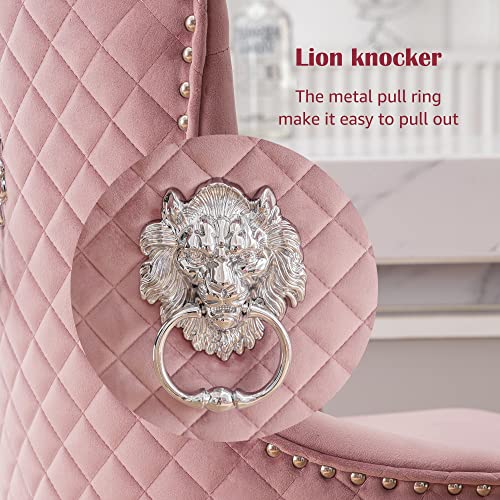 Chummaven Kitchen Bar Stools Set of 2 with High Tufted Backrest, Velvet Bar Stools with Lion Pull Ring, Modern Upholstered Counter Height Swivel Stools Chrome Base Footrest for Kitchen Island(Pink)