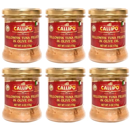 Callipo Italian Yellowfin Tuna Fillets in Olive Oil – Premium Cuts Hand-Packed in Glass Jar – Jarred Tuna Made in Italy - 6oz (170g) - Pack of 6