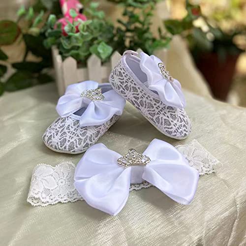 Handmade Bling Diamond Baby Shoes With Headband Set, Crystal Newborn Shoes, Pearl Shoes, Anti-Slippery Shoes. (6-12M, White, Lace) #TOP4