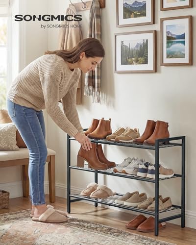 Image of SONGMICS Metal Shoe Rack, Free Standing Shoe Organizer for Entryway Closet Garage Small Spaces, Heavy-Duty Slim Steel Storage Shelf, 3-Tier, Fits 12-16 Pairs, Black ULMR043BP01