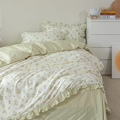Aojim Ruffle Duvet Cover 100% Cotton Twin Size (68X86 Inch), Farmhouse Chic Comforter Cover Set With Green Dreamy Floral, Soft Breathable Vintage Style Quilt Cover 3 Pieces (No Comforter) #TOP5