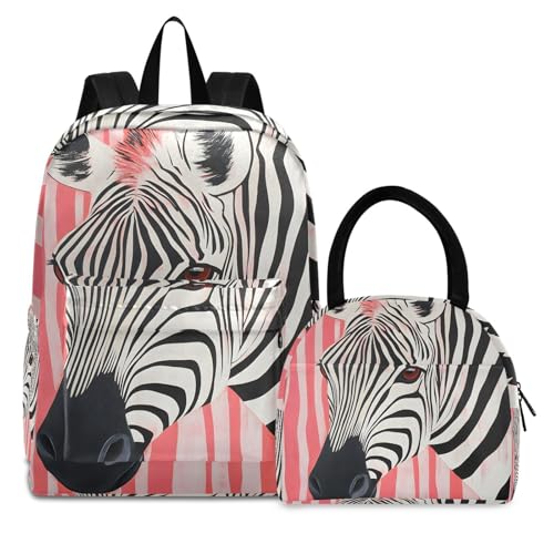 Backpack Lunch Bag Set Zebra Stripe Print, Big Storage Travel Backpacks with Insulated Lunch Box for Office Hiking Picnic