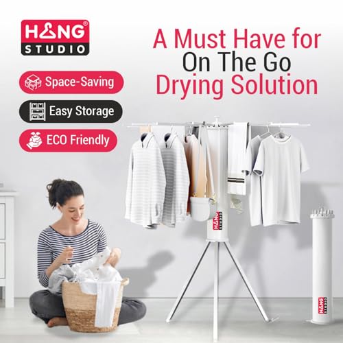 Image of HANG STUDIO Foldable Clothes Dryer Stand Racks for Drying - Multi Way Folding & Rotatable - Lightweight Heavy Duty Aluminium Rails - (White, 3.9 Feet Length, 16 Rods, Large)
