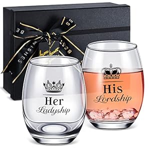 Patelai Gift for Wedding Anniversary His Lordship and Her Ladyship Gin Glass Set to Bride and Groom, Christmas Couples Gifts of 2 Cocktail Short Glasses Stemless Wine Glass to Couple Date Party, 16 oz