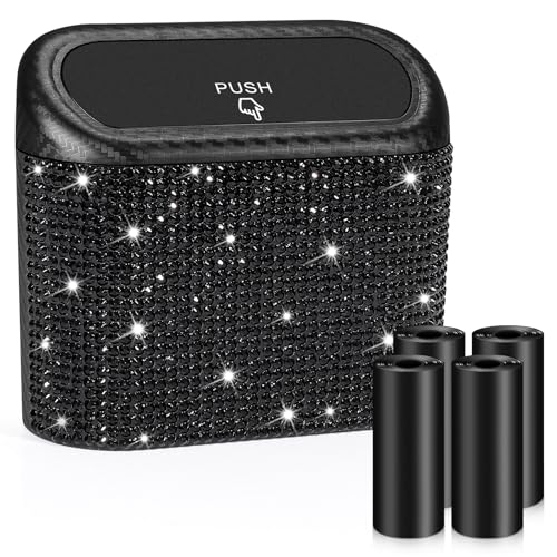 Image of Accmor Bling Car Trash Can with Lid, Mini Vehicle Trash Bin, Car Dustbin Garbage Organizer with 60 Trash Bag, Leakproof Auto Storage Bag Container for Car, Home, Office (Carbon Fiber&Black Rhinestone)