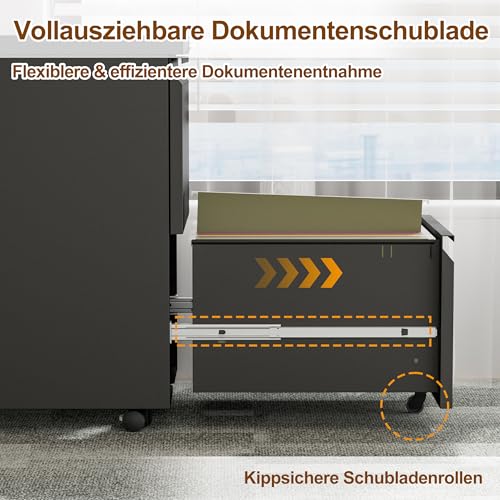 LVSTEEL Rollcontainer, Aktenschrank Abschließbar mit 4 Schlüsseln, Aktenschrank unter Schreibtisch, mit 2 Schublade, Vormontiert… – Ansicht 6