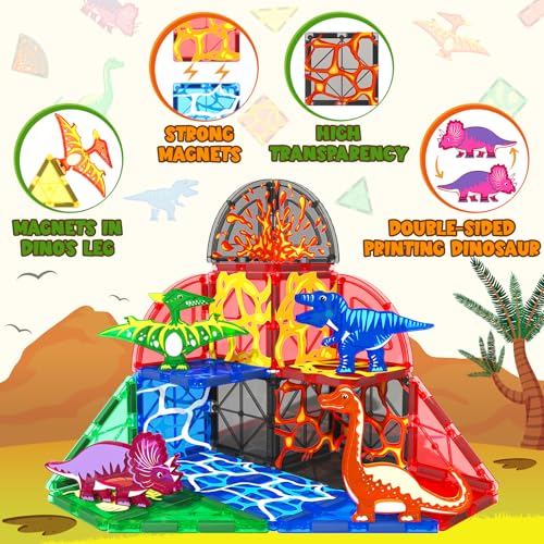 Coodoo Dinosaur Toys Magnetic Tiles Lava Dinosaur World Set - Magnetic Blocks Building for Kids 3-5 5-7 Girls Boys Toy Age 4-6 6-8, Classroom Must Haves Toddler Sensory for 3+ Year Old Kids Toys image 3
