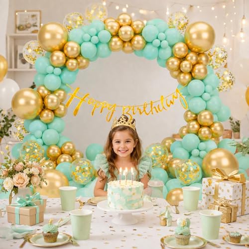 Image of Happy Birthday Decoration Kit for Baby Teenage Girls Men Women Adults Home Table Year With 30 Pc Light Green Gold Balloons 1 Pc Golden Happy Birthday Cursive Banner Items Set Combo