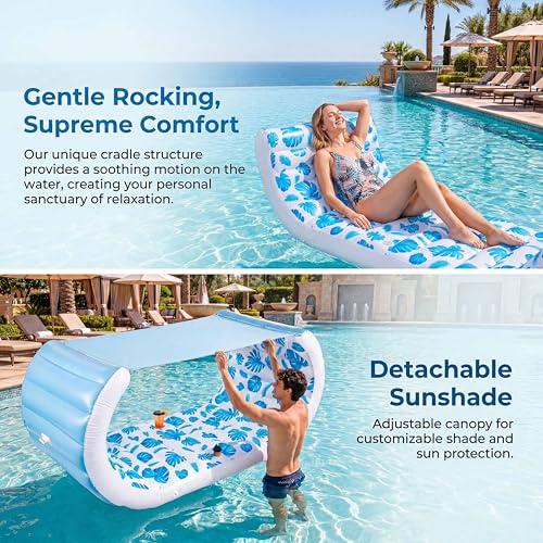 Image of Giant Inflatable Pool Float with Shade, 157 inch x 36 inch Extra Large Floating Couch Island Cabana Luxury Lounger with Canopy, Cup Holders, Backrest, Handle, Electric Air Pump for 2 Adults, Tropical Print
