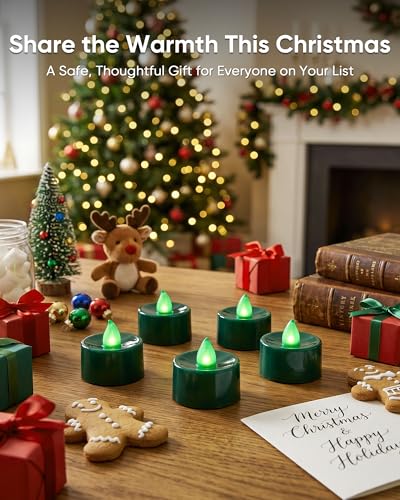 Image of Homemory Green Tea Lights Candles Battery Operated, Flickering Flameless LED Votive Candles, Warm White Tealights for Christmas, St Patricks Day, Easter, Garden Wedding, Spring Decor, 24-Pack