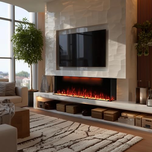 Omni-burn 152cm 3-Side Recessed & Wall-Mounted Electric Fireplace Insert, 3 Top Led Light Colours, 13 Fuel Bed & Flame Colour Options, 9H Timer